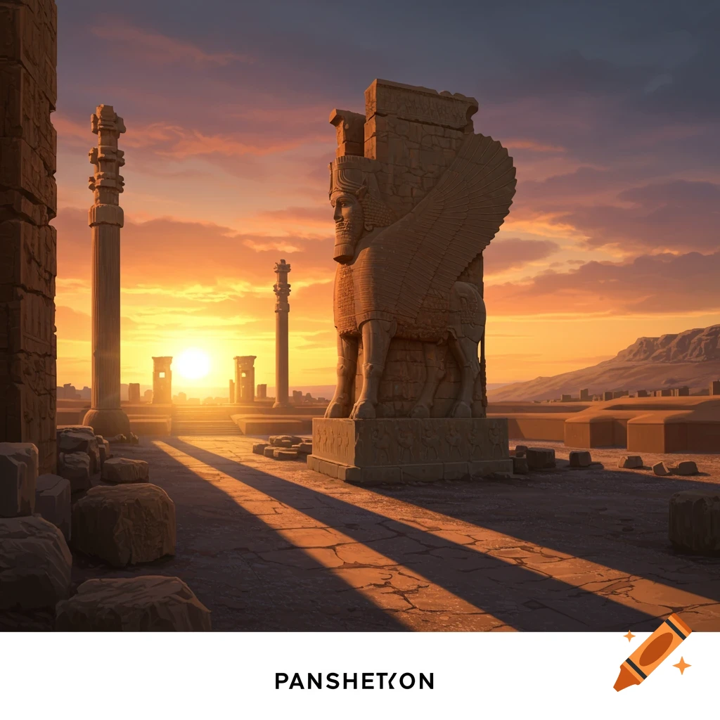 A large winged human-headed bull statue stands among ancient ruins and columns at sunset.