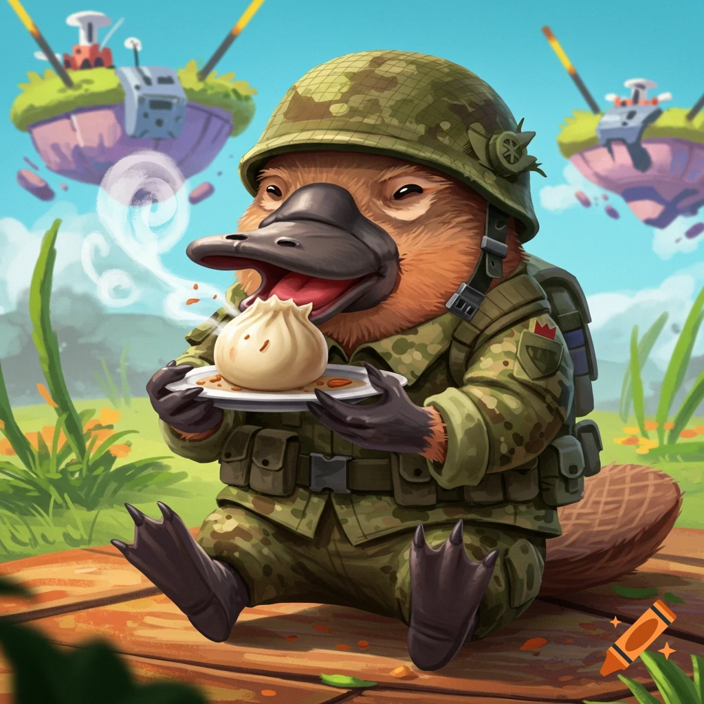 Illustration of a military platypus in camouflage eating a dumpling.