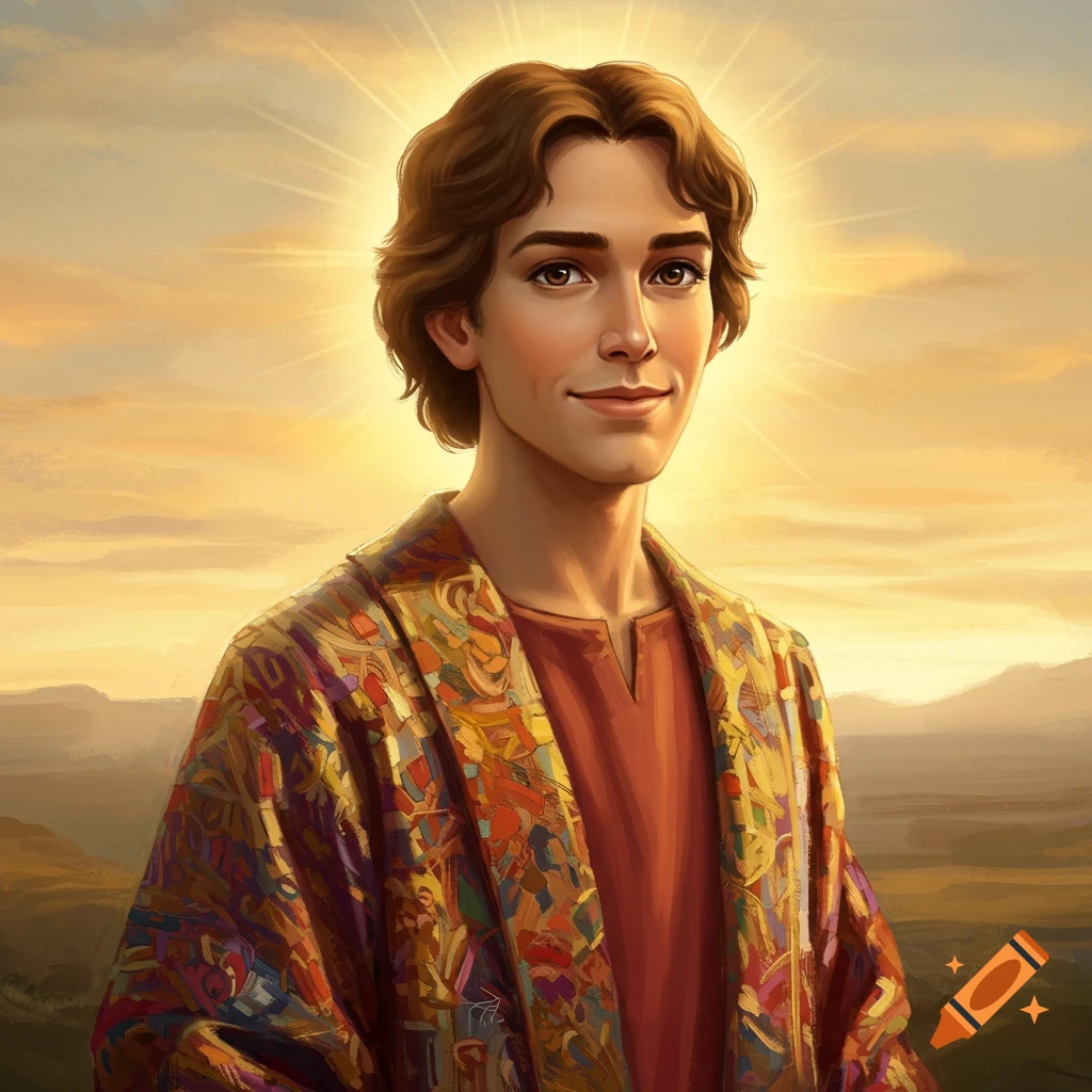 Illustration of a young man in a colorful coat standing against a sunset landscape.