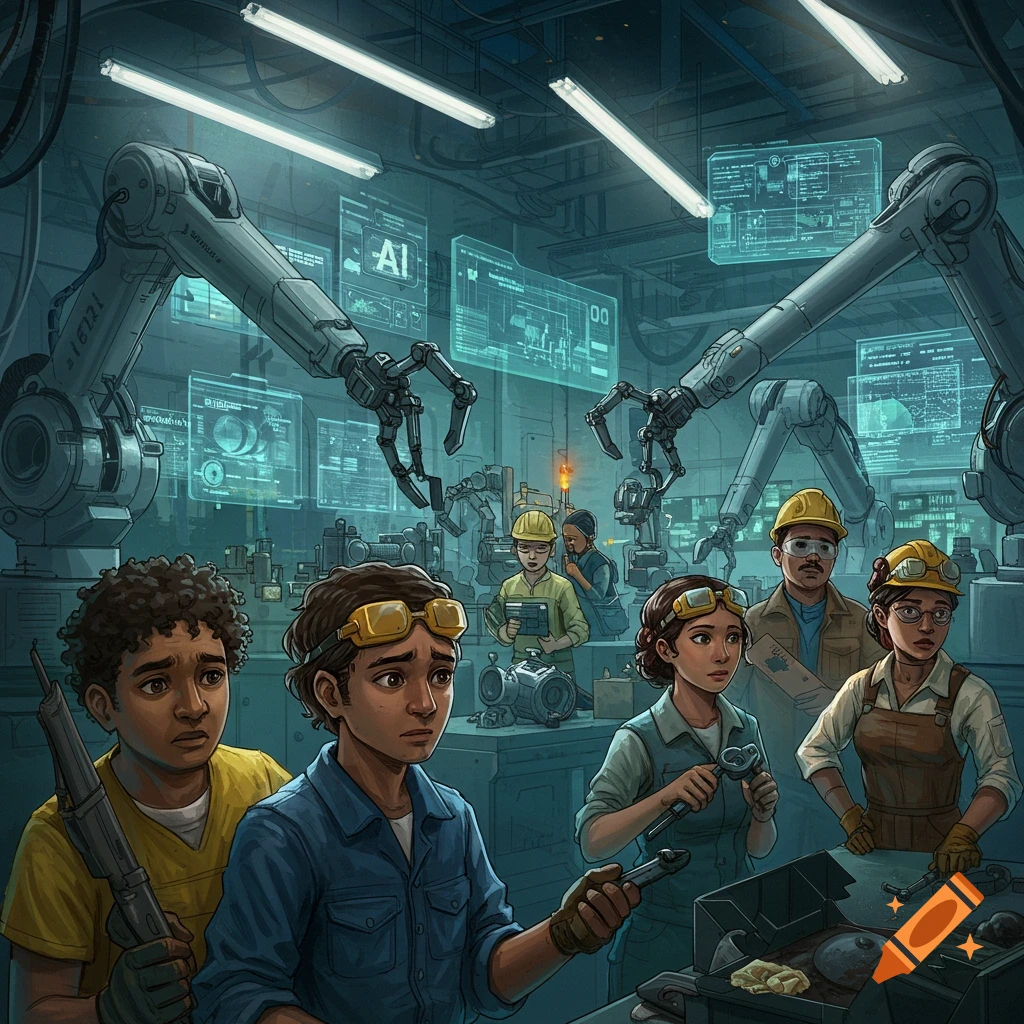 People look concerned in a futuristic factory with robot arms and screens displaying AI info, illustration style.