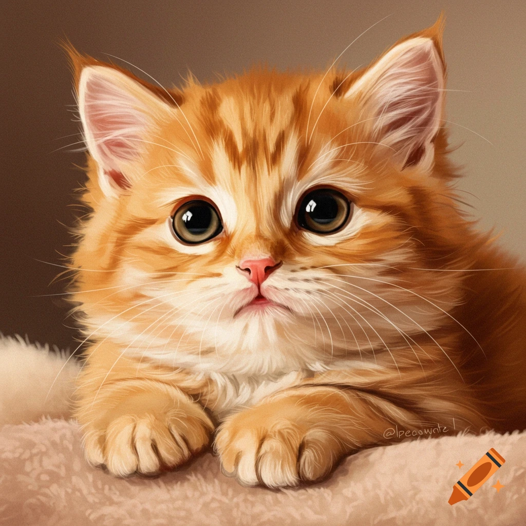 A cute illustration of a fluffy orange tabby kitten with big eyes.