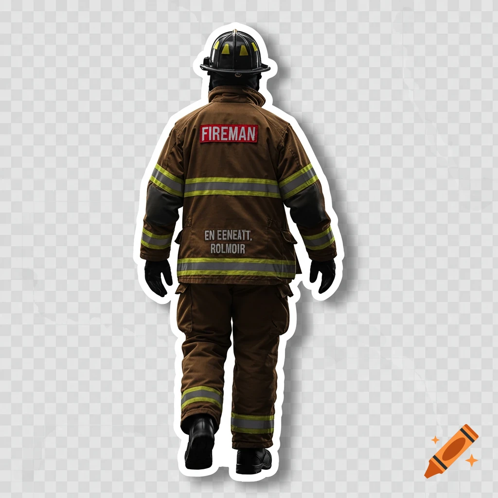 Realistic clip art of a fireman walking away, viewed from the back, with a transparent background.