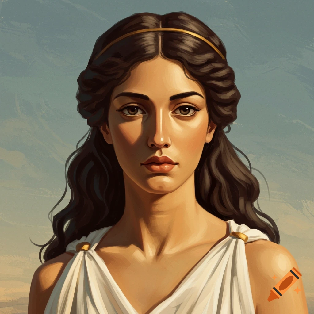 Portrait of a woman with dark hair and gold band in classical style