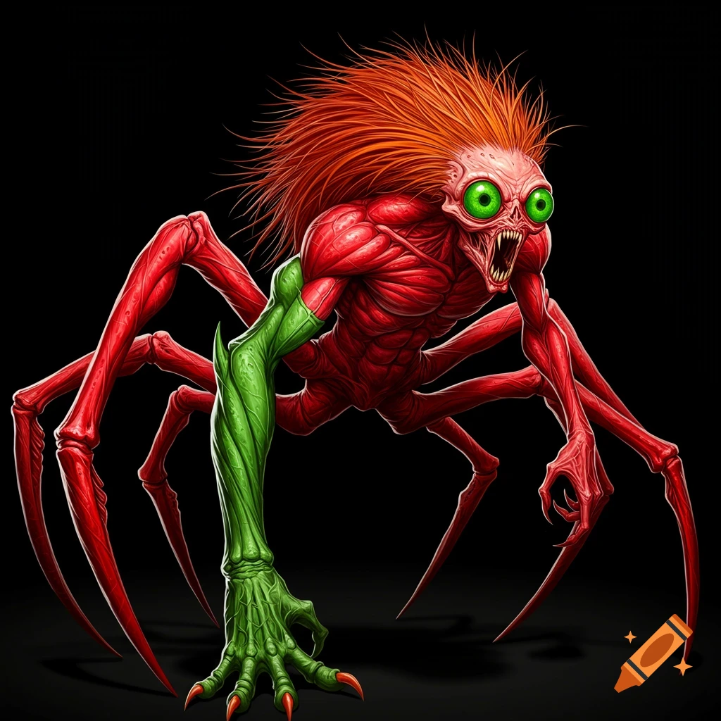 A red monster with green eyes, orange spiky hair, six red legs, and a green arm with claws.