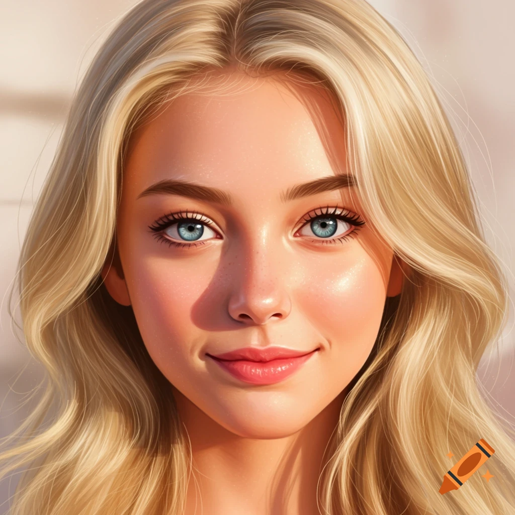Close-up portrait of a young blonde woman with blue eyes smiling.