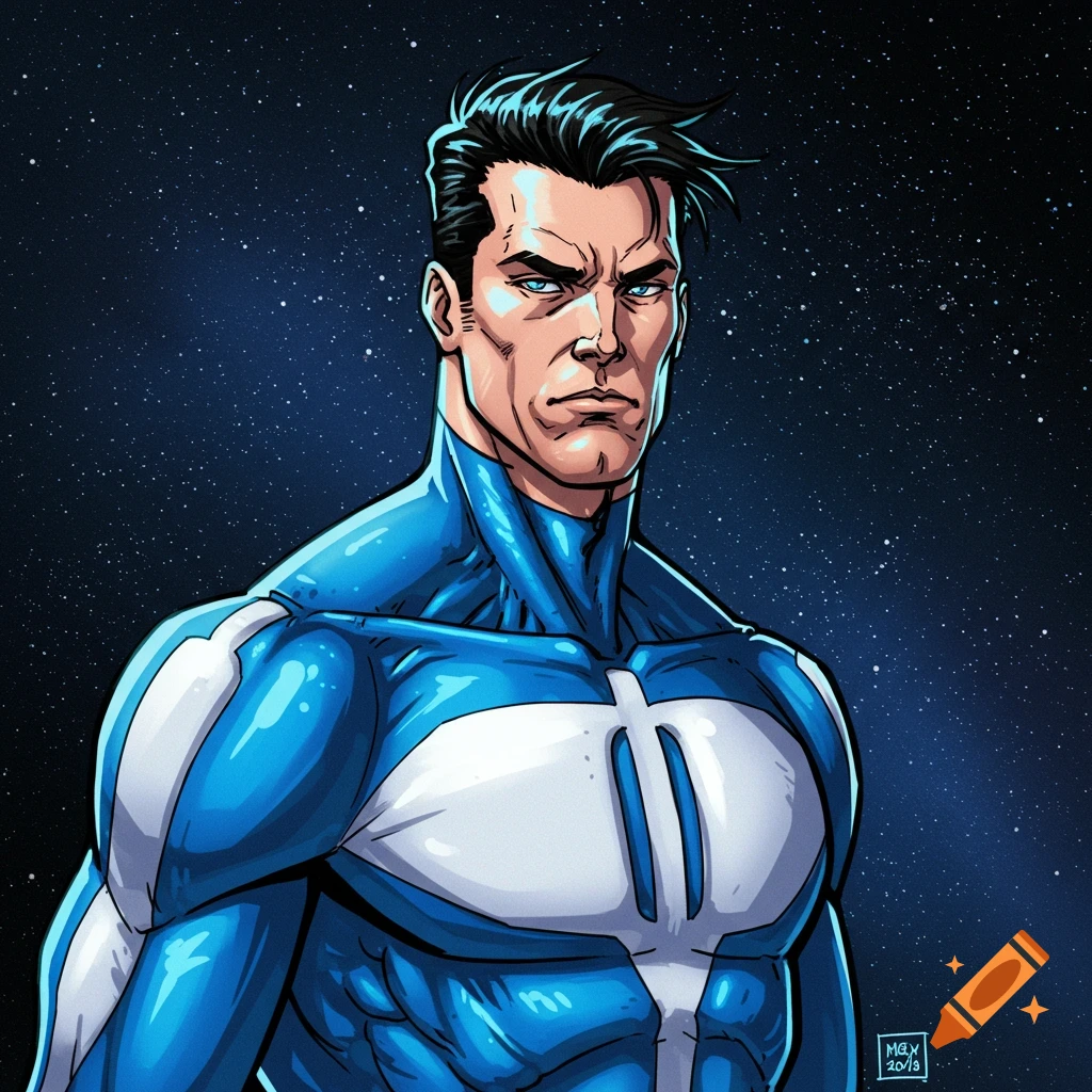Comic art of a male superhero in a blue and white suit against a starry sky.