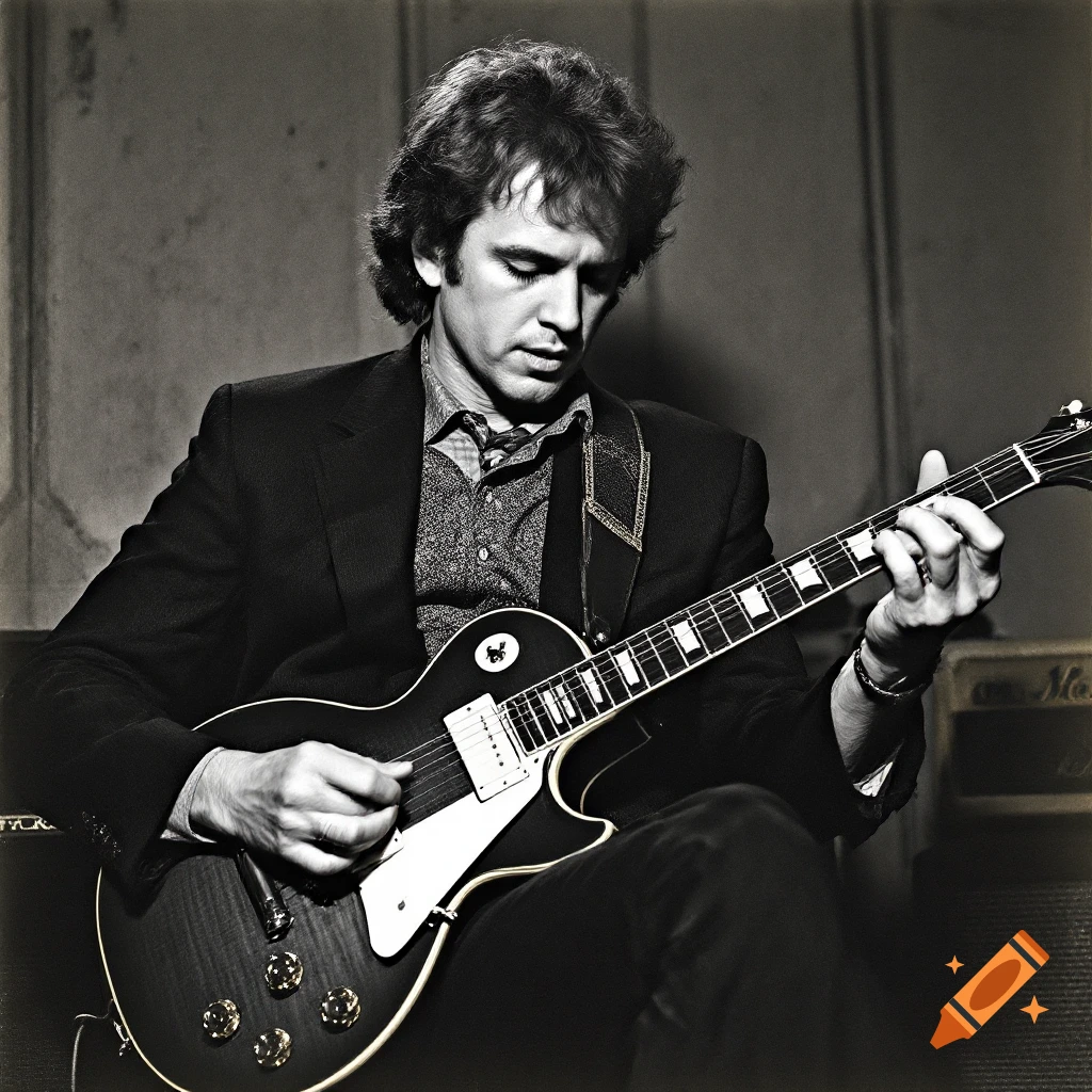 Black and white photo of a man playing an electric guitar.