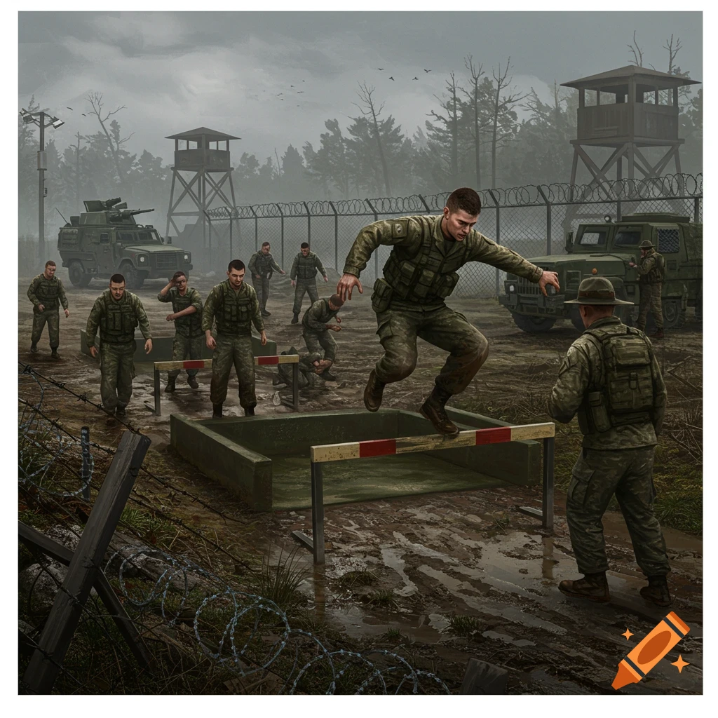 Illustration of soldiers completing an obstacle course at a muddy boot camp.