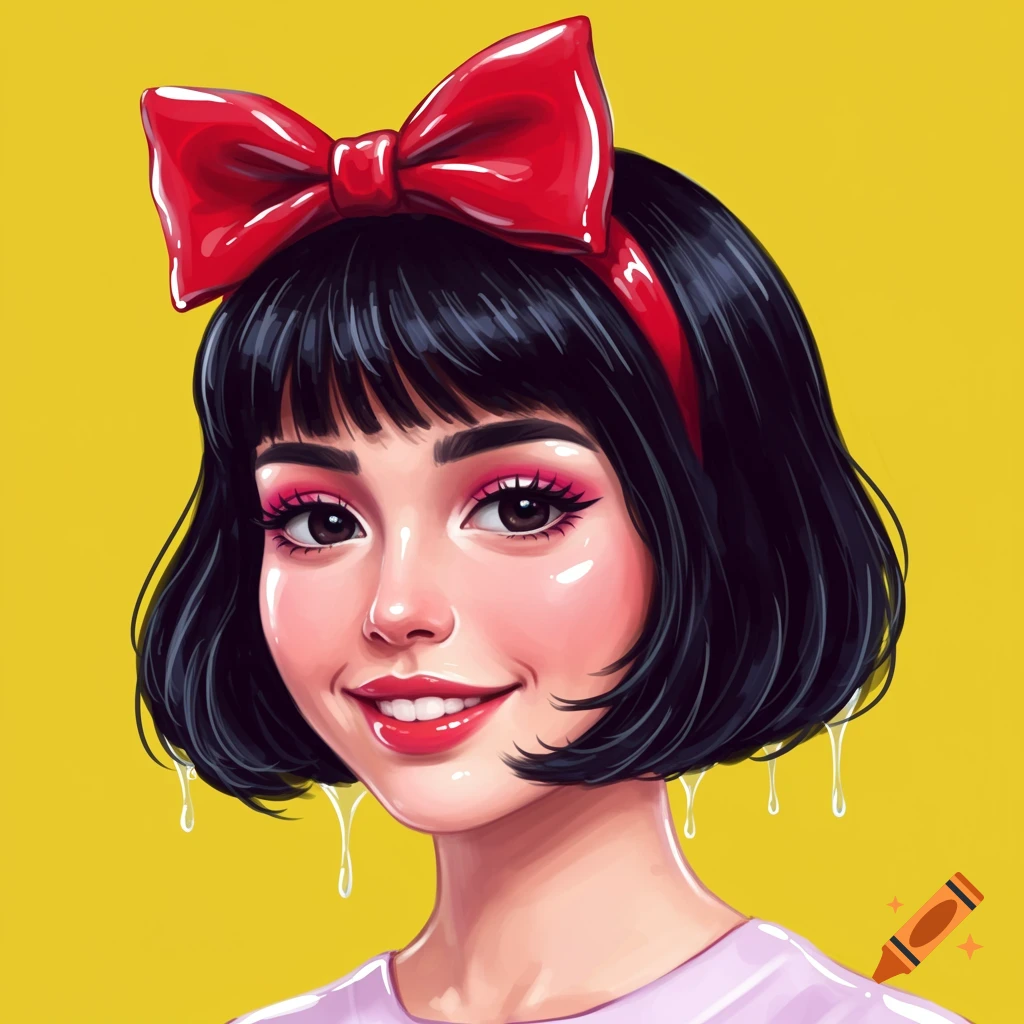 Portrait of a smiling girl with short black hair and a red bow in a pop art illustration style with dripping elements.