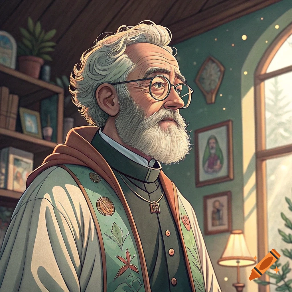 An older man with white hair and beard, wearing glasses and a patterned robe, in a Studio Ghibli style room.
