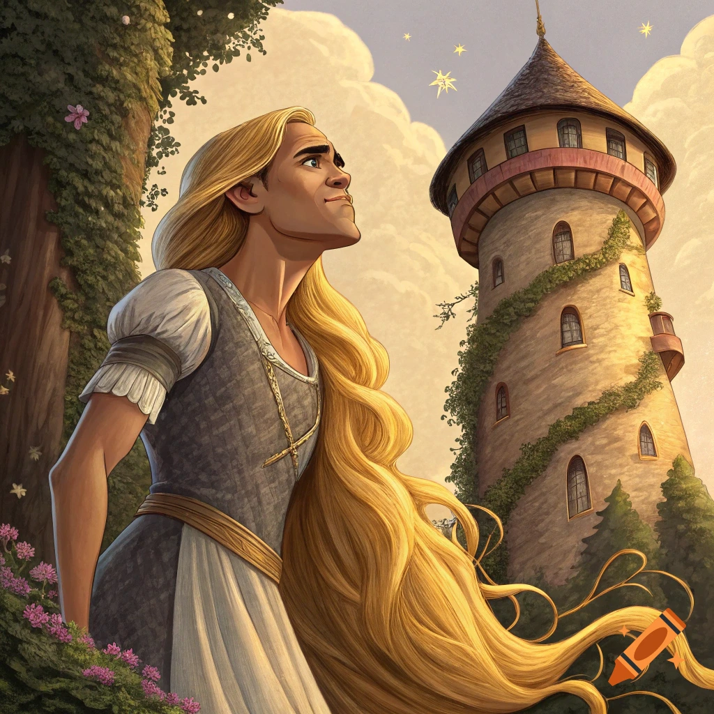 Illustration of a man with long blonde hair looking up at a tall fantasy tower