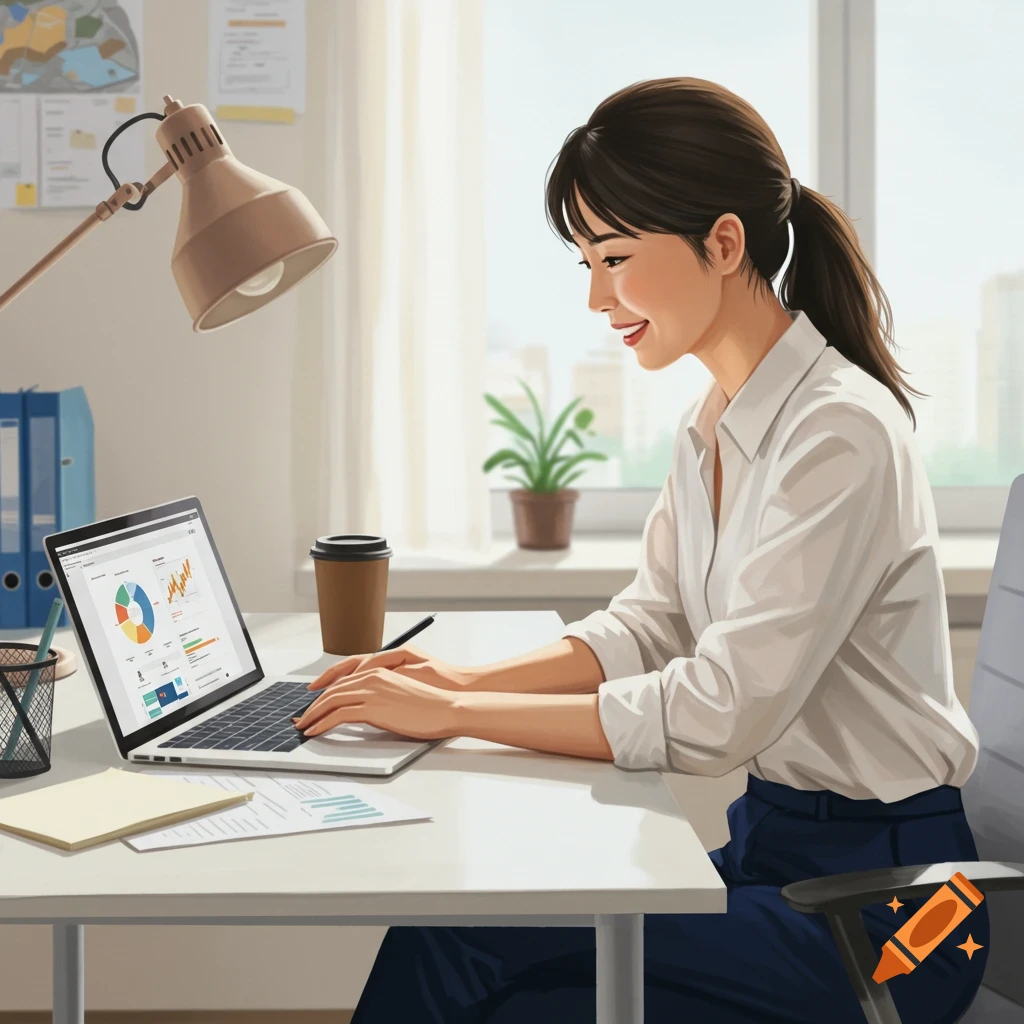 Woman smiling while working on a laptop at an office desk