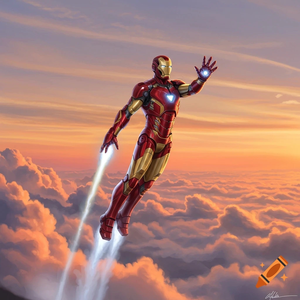 Iron Man flies through clouds at sunset, jets firing from his feet and hands.