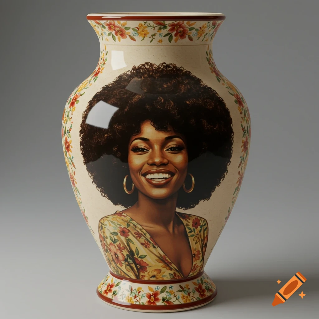 Vase with a painted portrait of a Black woman with an afro, gold hoop earrings, and a floral dress. The vase is decorated with floral patterns.