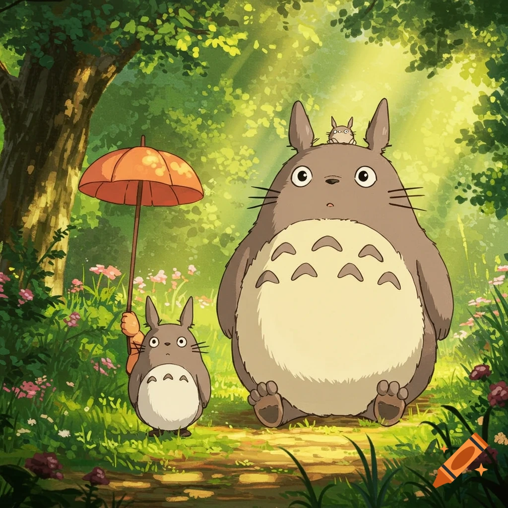 Totoro and a smaller Totoro stand in a sunny forest path, the smaller one holding an umbrella. Illustrated in Studio Ghibli style.