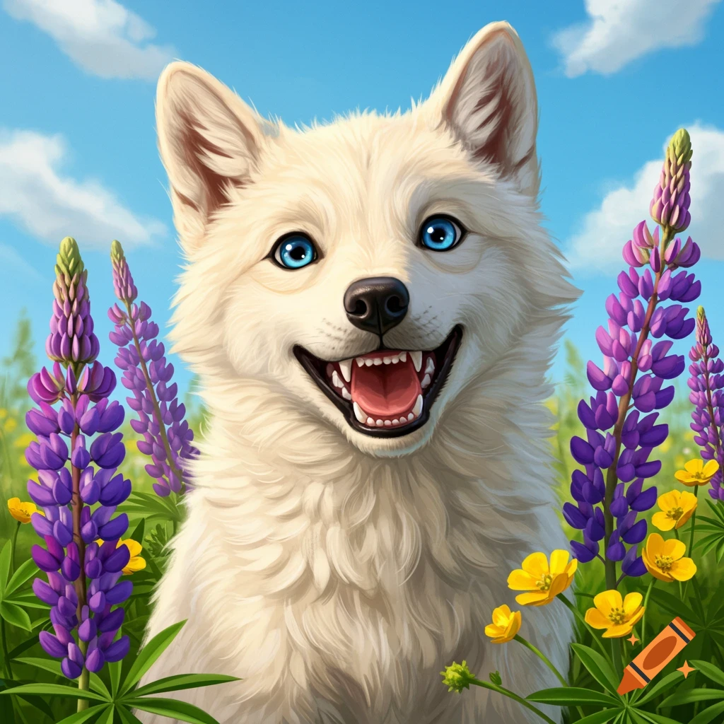 A happy wolf pup sits in a field of purple and yellow flowers under a blue sky.