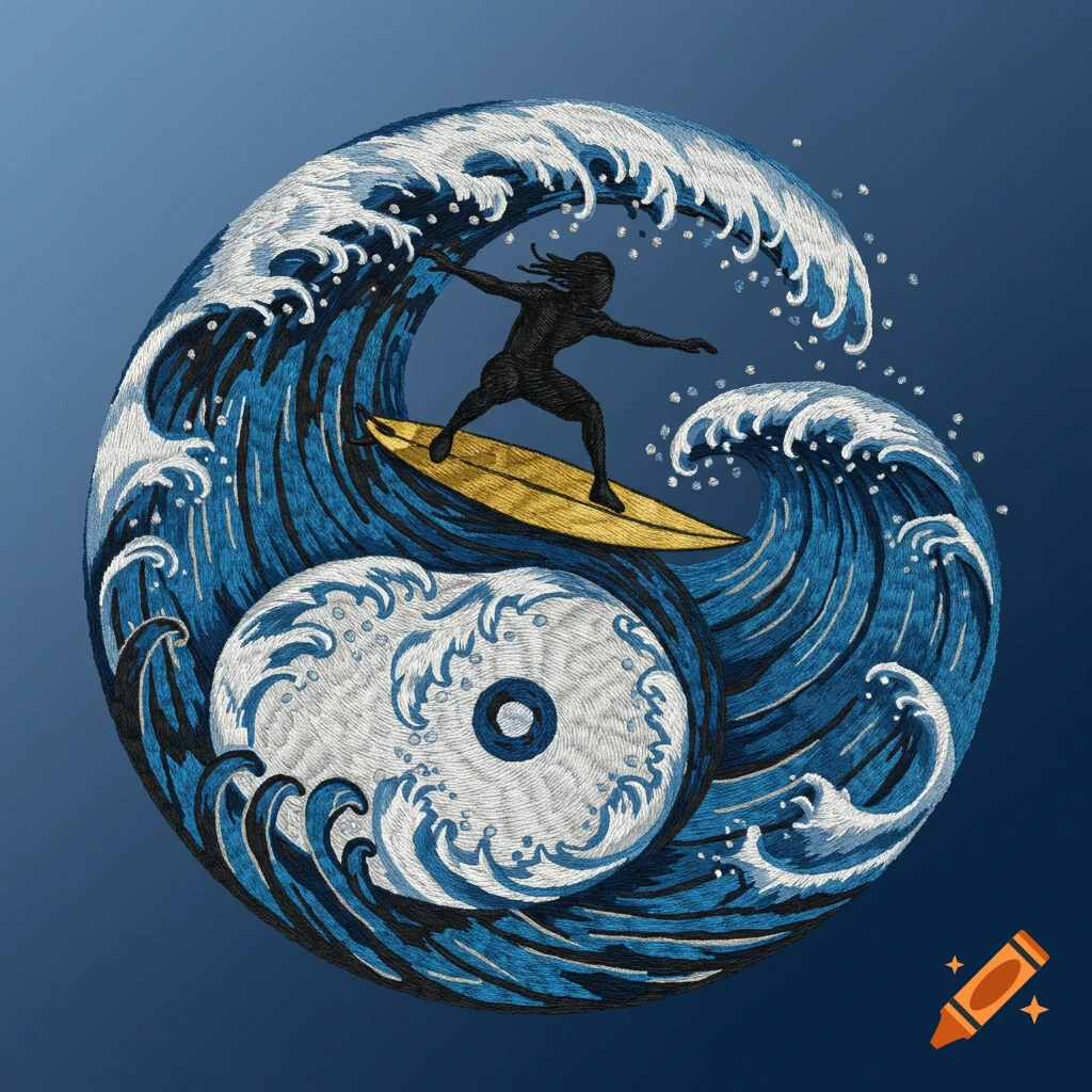 Embroidery of a surfer riding a wave shaped like a yin yang symbol