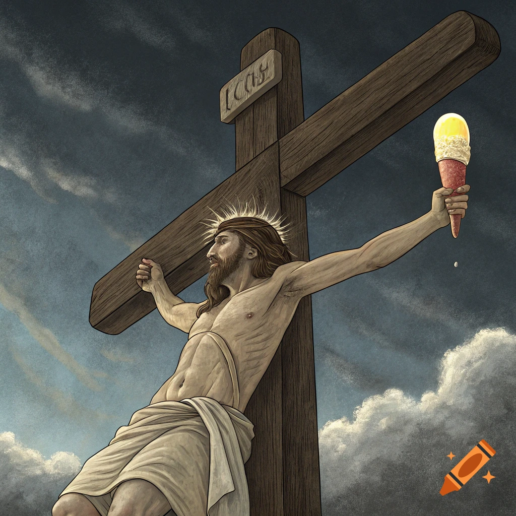 Illustration of Jesus on a cross holding a melting ice cream cone.