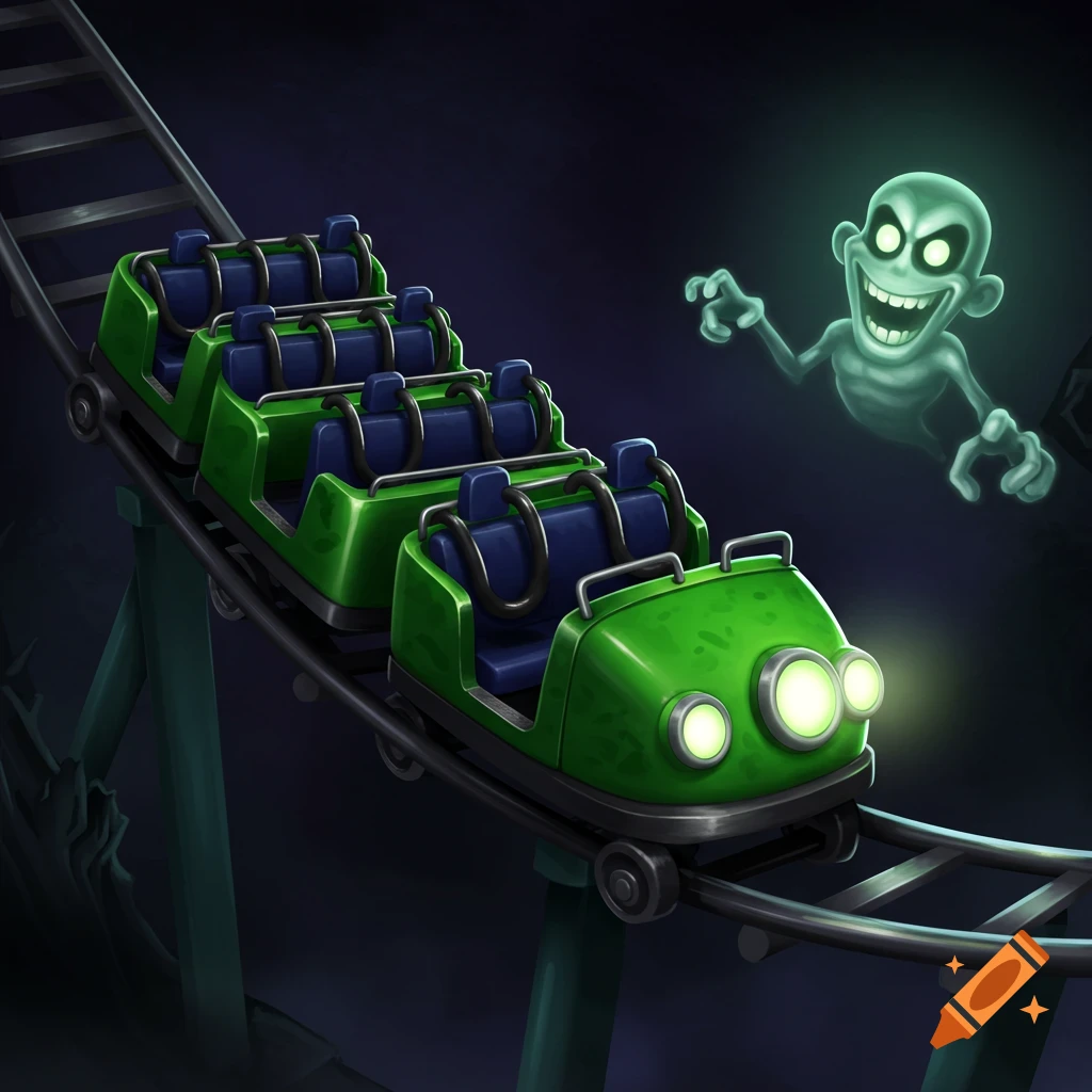 Green roller coaster car on a track at night, approached by a glowing green cartoon ghost.