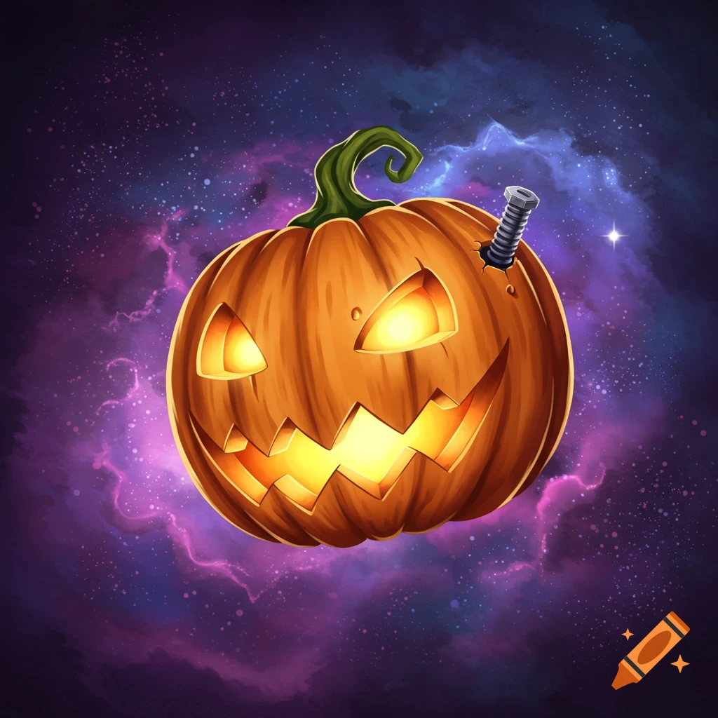 A jack-o'-lantern pumpkin with a screw in its side floats in space with a nebula background.