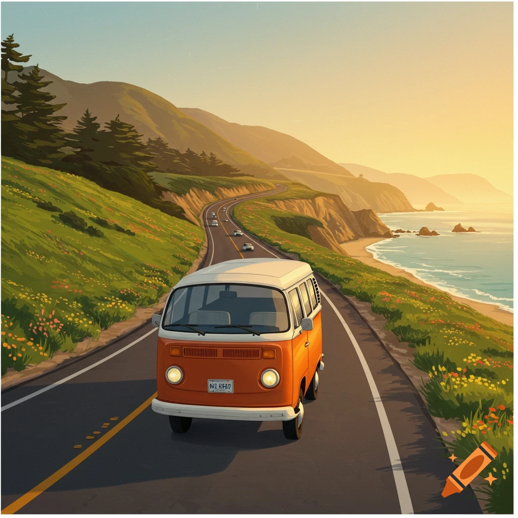 An orange and white VW bus drives along a scenic coastal highway with mountains and ocean, in an illustrative style.