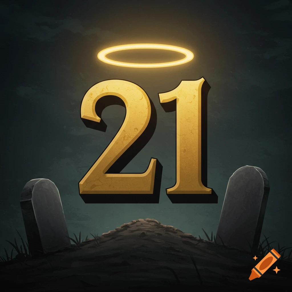 A large golden number 21 floats above a burial mound between two gravestones, with a glowing halo above the number.
