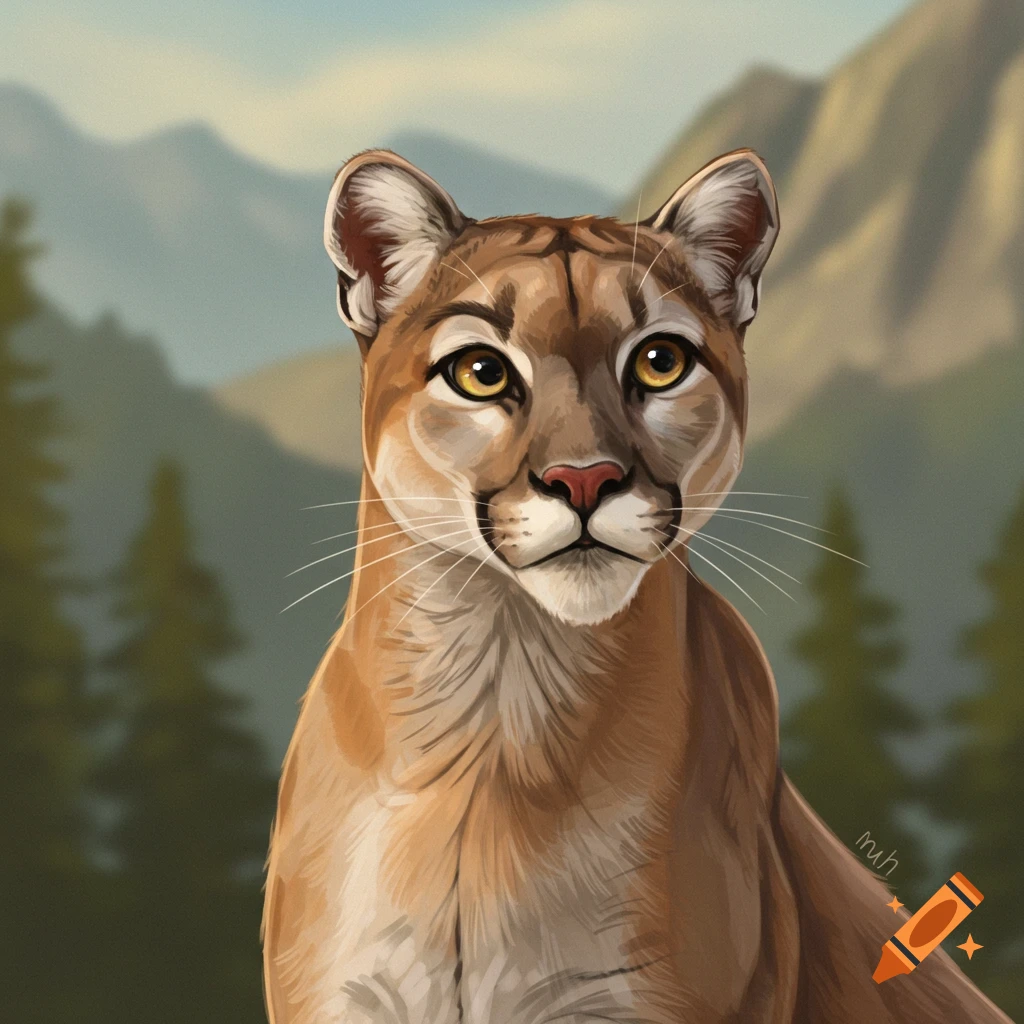 Portrait of a mountain lion against a background of mountains and trees.