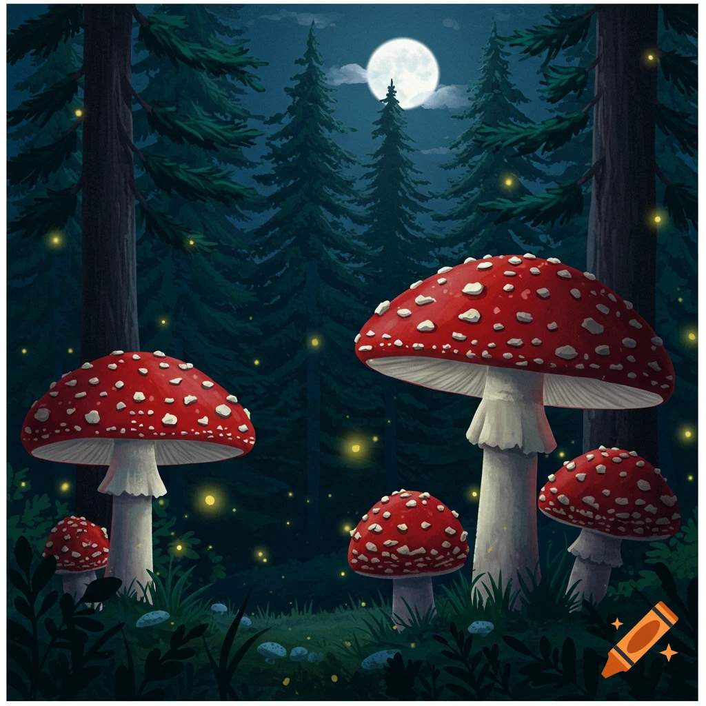 Red and white mushrooms in a forest at night with fireflies and a full moon.
