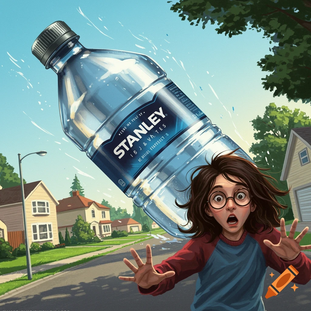 Stanley water bottle crashing on a boy with glasses