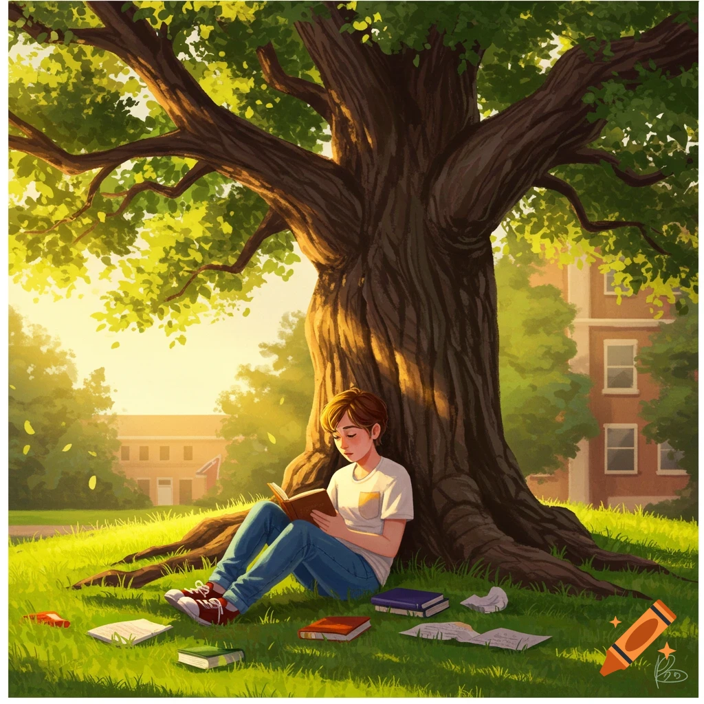 Illustration of a student reading a book under a large tree on a sunny day, with buildings in the background.