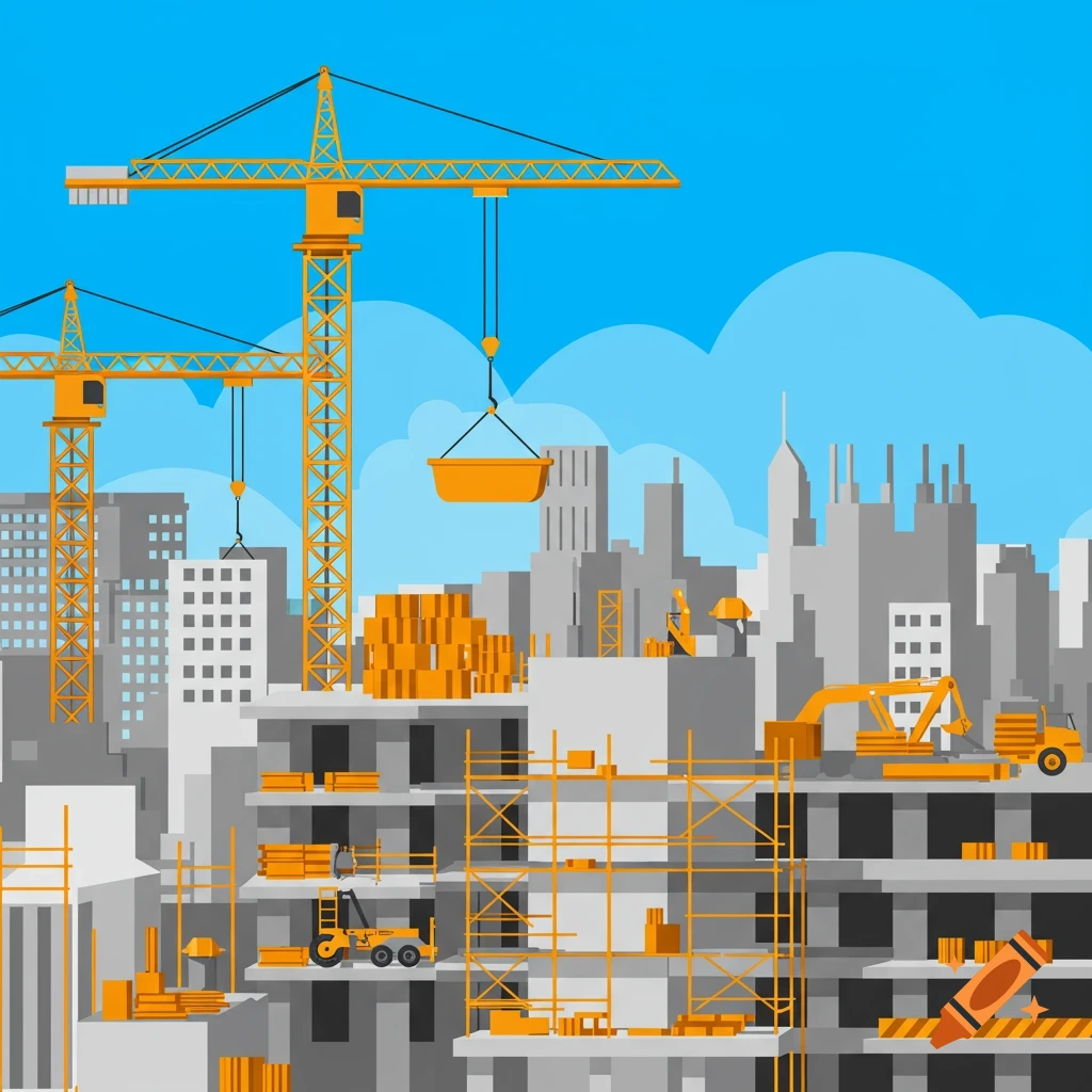 Illustration of a construction site with cranes, scaffolding, and buildings under a blue sky.