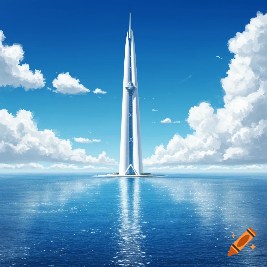 A tall, futuristic white tower rises from the sea under a blue sky with clouds.