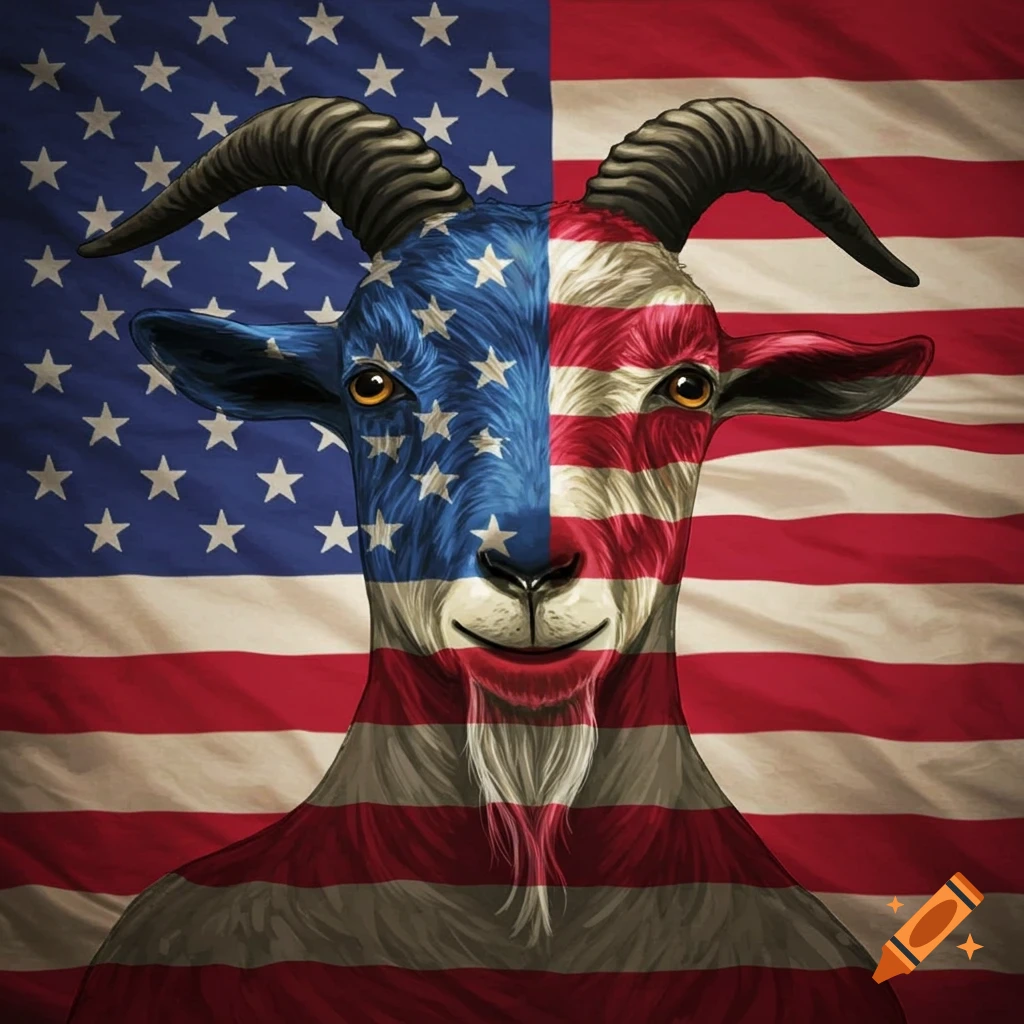 A goat's head and neck are covered in an American flag pattern, set against a background of the American flag.