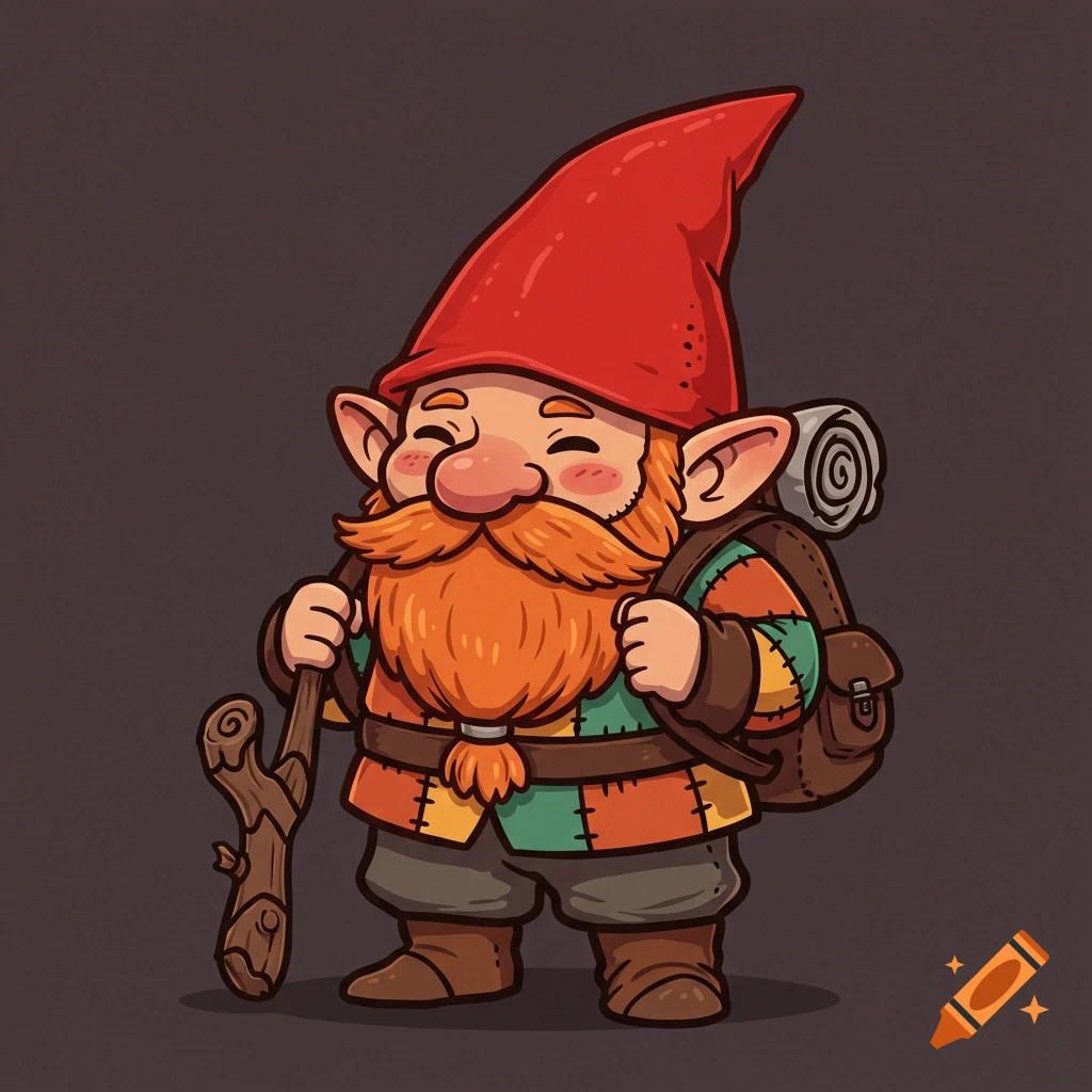 Cartoon illustration of a fantasy gnome with a red hat, orange beard, backpack, and walking stick.