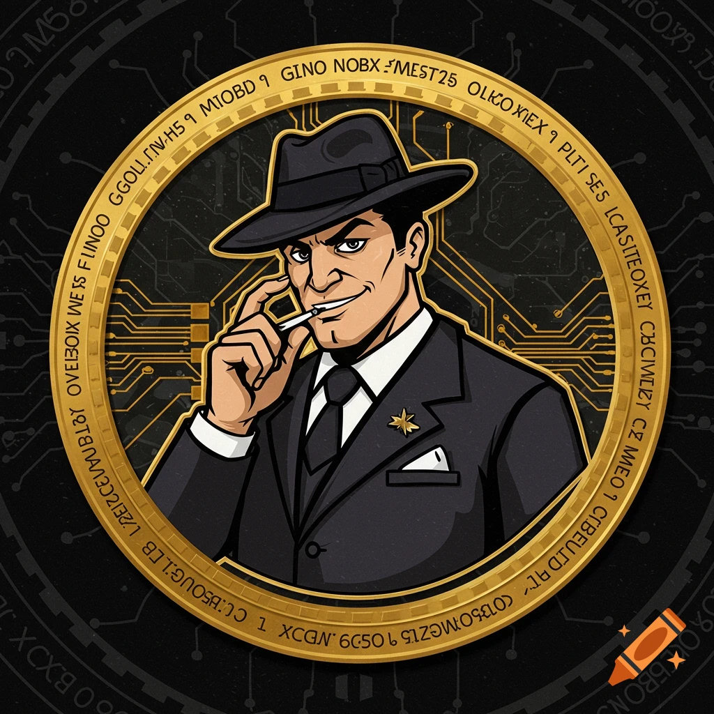 Cartoon mobster character in suit and hat inside a golden coin with circuit board pattern.