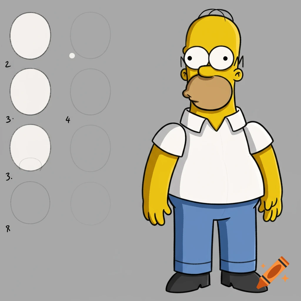 Cartoon drawing of Homer Simpson standing next to numbered steps for a drawing tutorial.