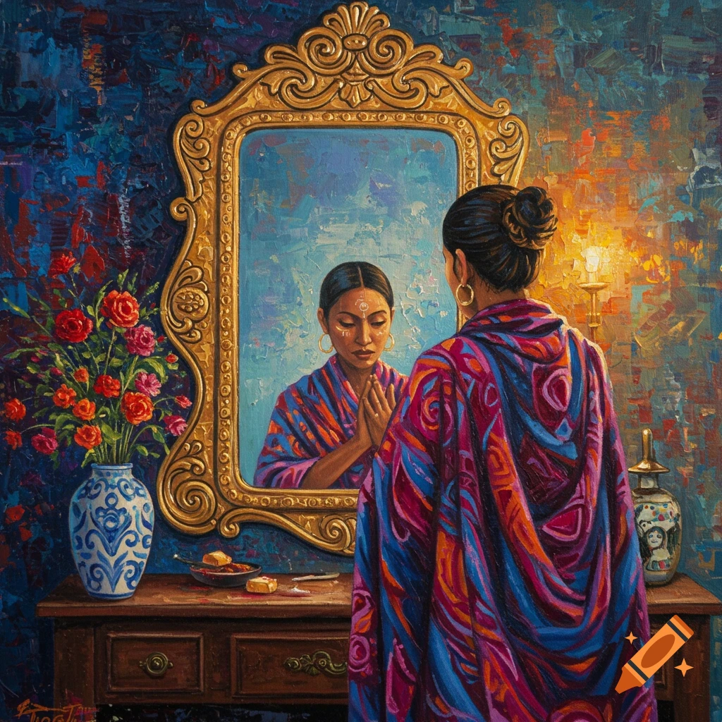 Textured painting of a woman in colorful robe looking into ornate mirror, flowers on a table.