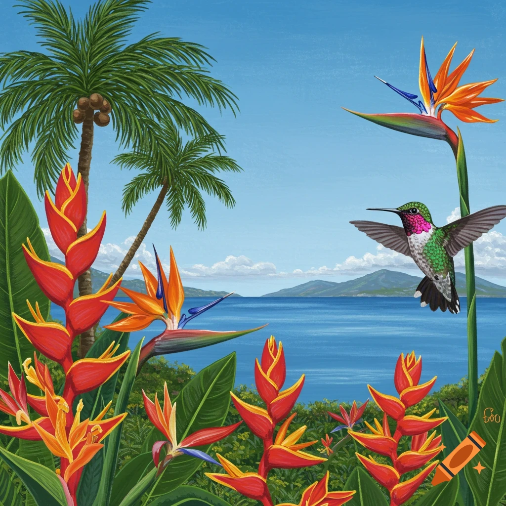 A hummingbird flies near tropical flowers and palm trees overlooking an ocean and mountains under a blue sky. Illustration style.