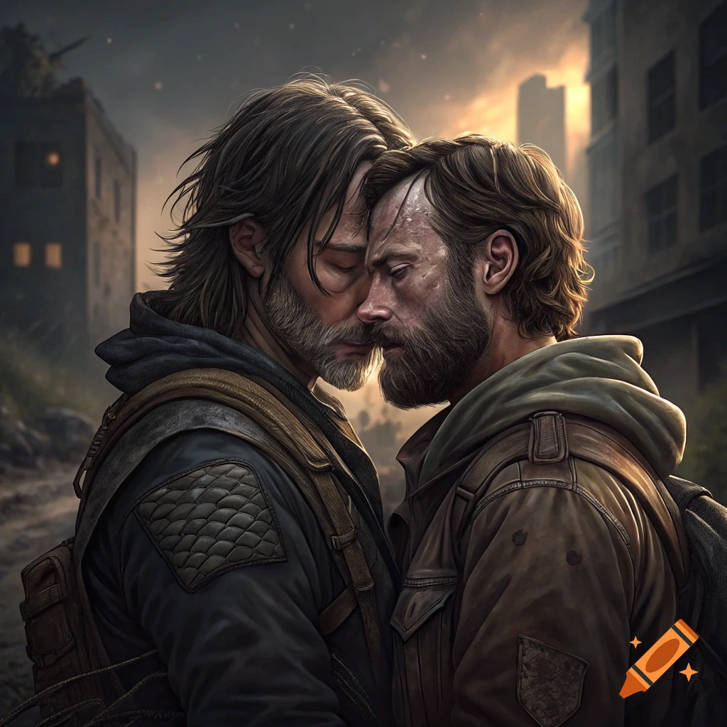 Daryl Dixon and Rick Grimes fan art image of them kissing. The Walking Dead characters art work representation of them in a relationship. LGBTQ representation of the popular television show The Walking Dead created by AMC Networks Entertainment in the fantasy horror genre.