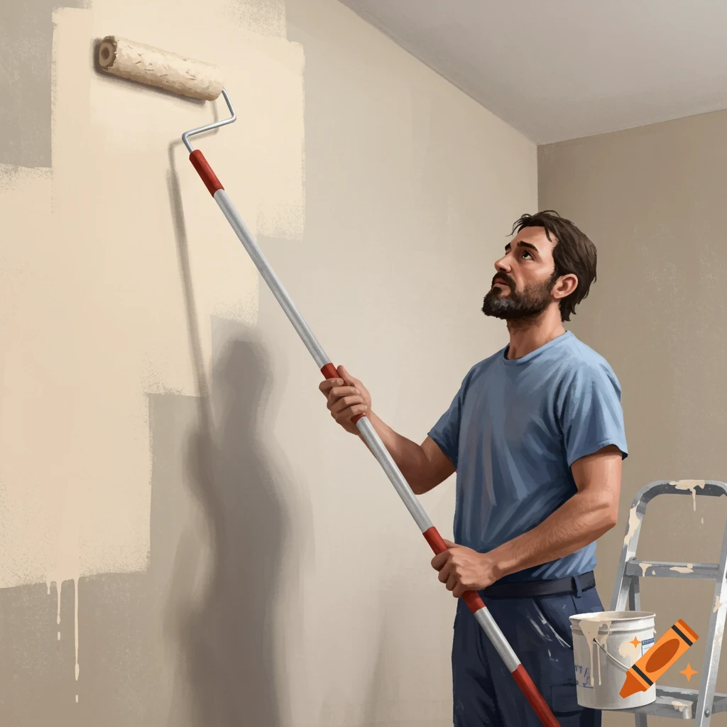 Illustrative image of a man painting a wall using a long roller extension pole.