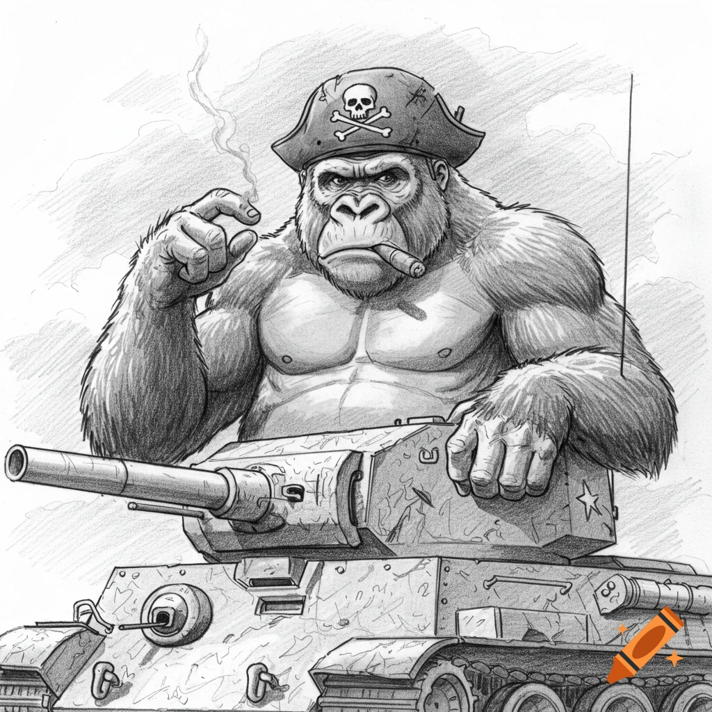 Pencil drawing of a gorilla wearing a pirate hat and smoking a cigar, riding a tank.