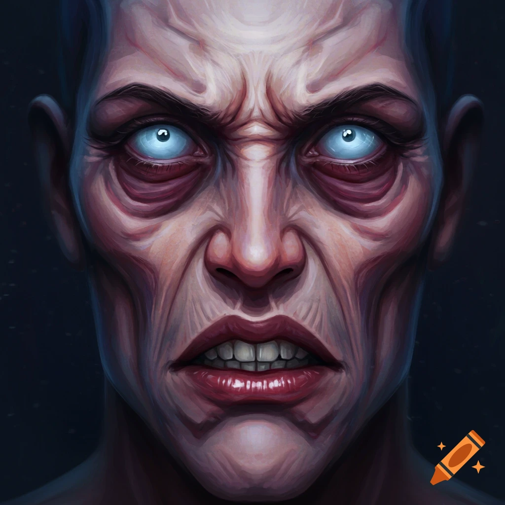 A creature's face is shown with wrinkled skin, glowing blue eyes, full lips, and sharp teeth.
