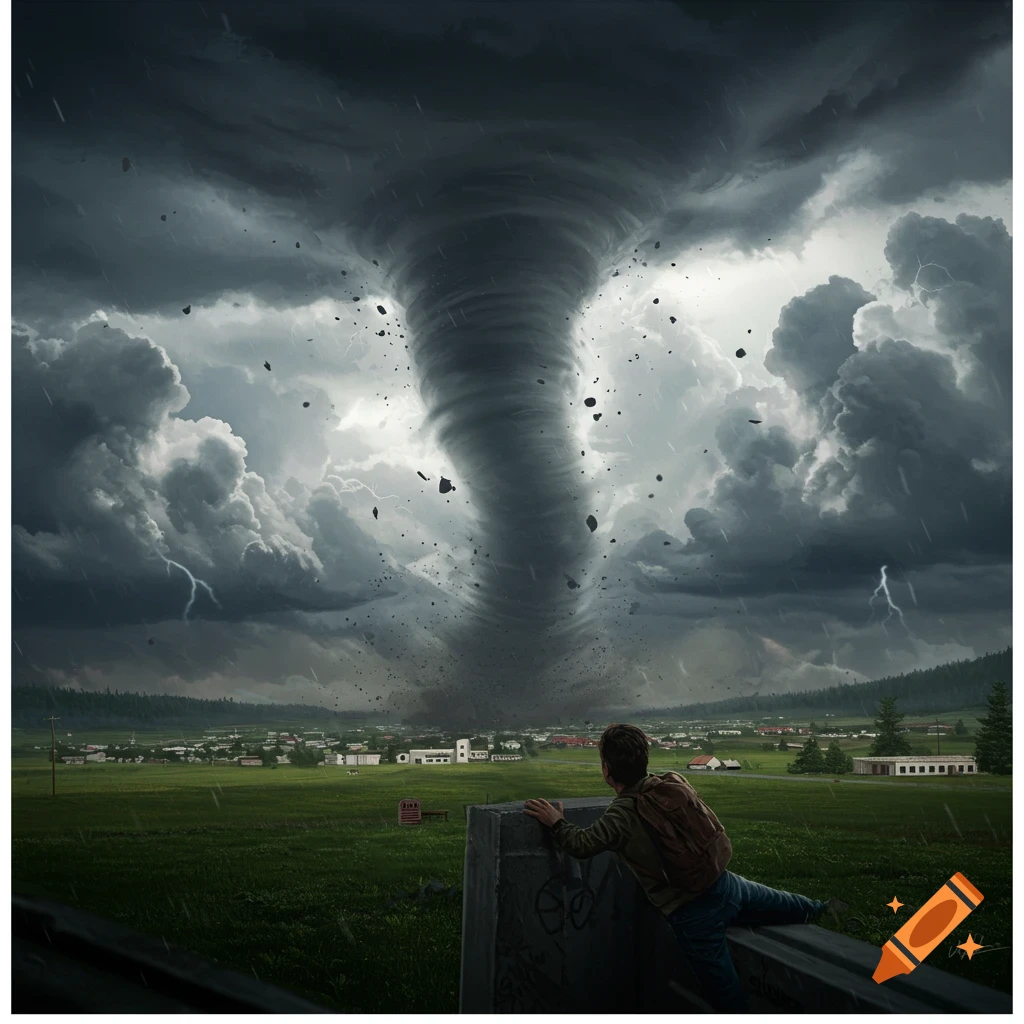 A person leans on a barrier, watching a large tornado approach a town across a green field under dark, stormy clouds.