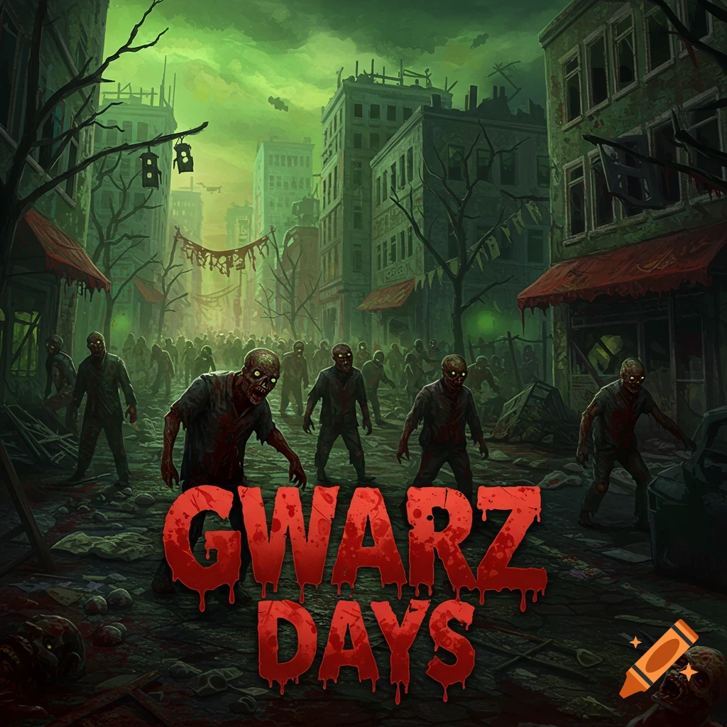 Stylized zombies in a ruined city street under a green sky, with large red text 'GWARZ DAYS' at the bottom.