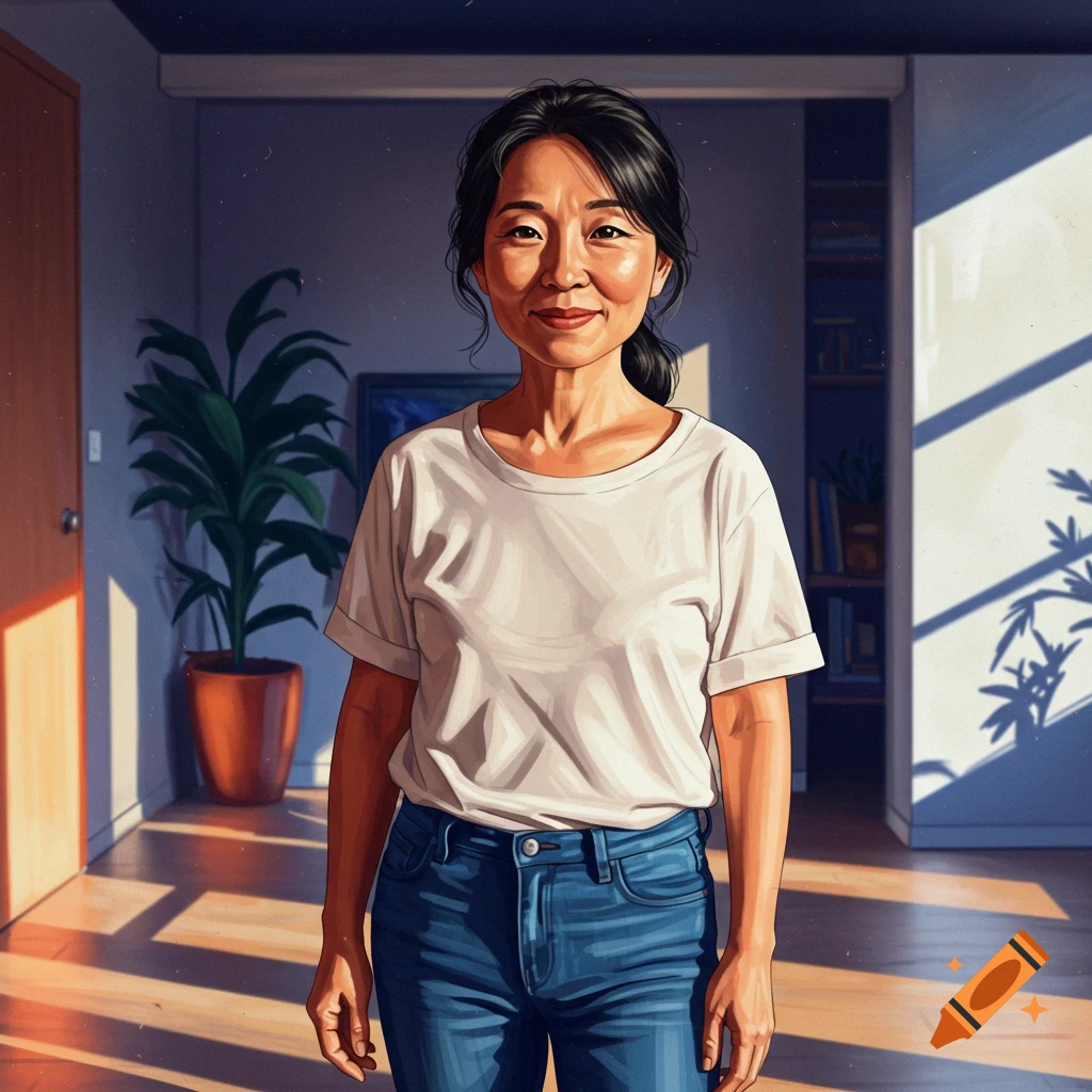 Middle-aged Asian woman in white t-shirt and jeans stands in sunlit room