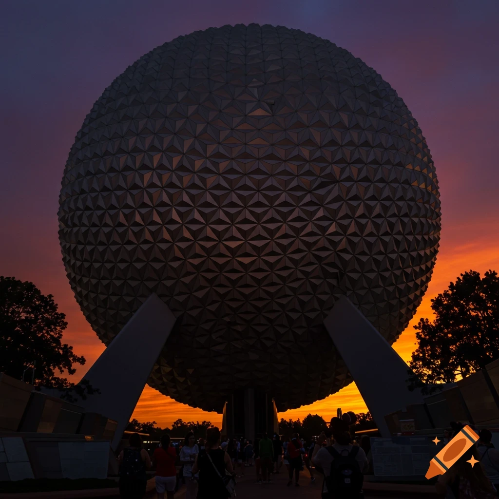 Geodesic sphere building at sunset with people below