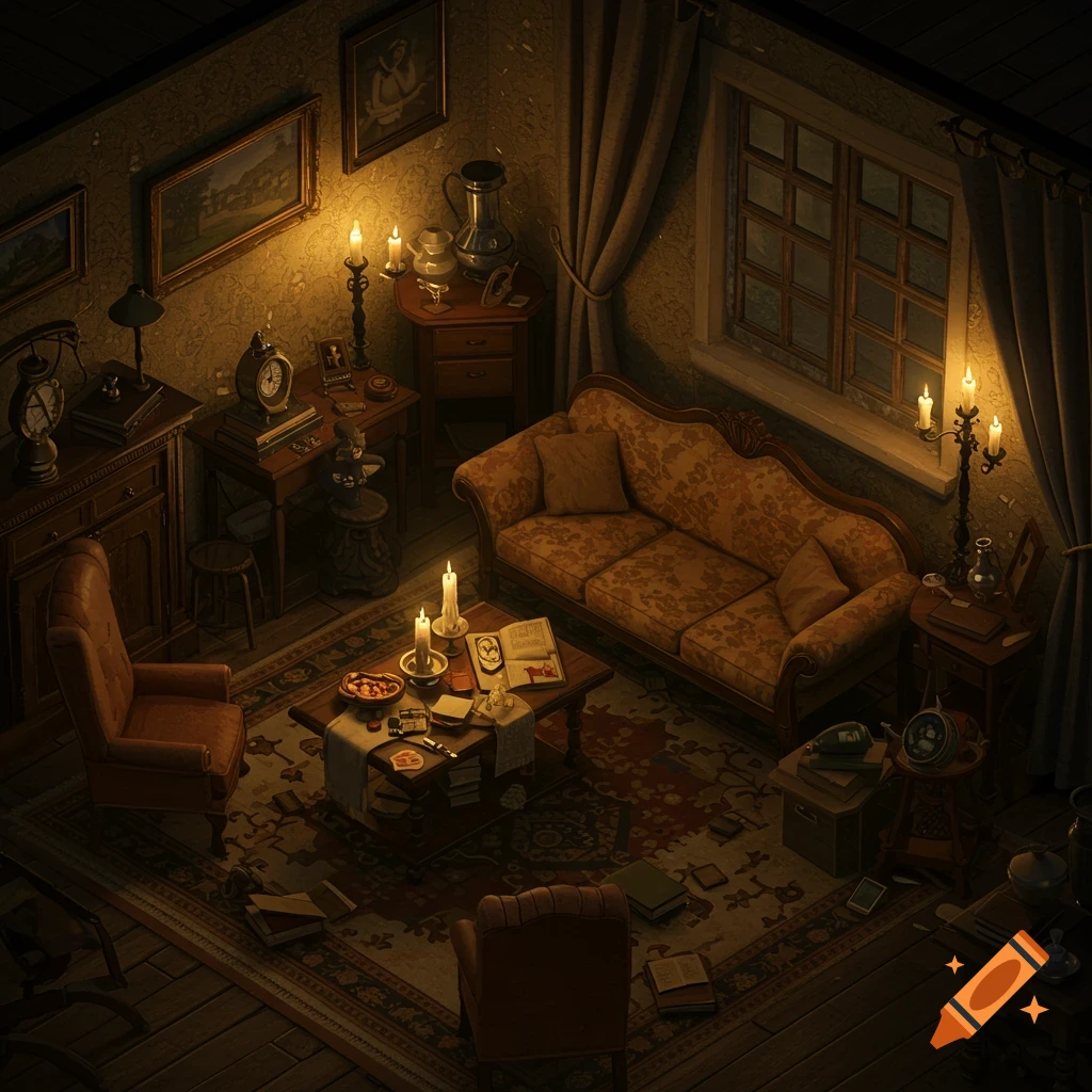 A dimly lit, cluttered room with antique furniture and candles, creating an atmospheric scene.
