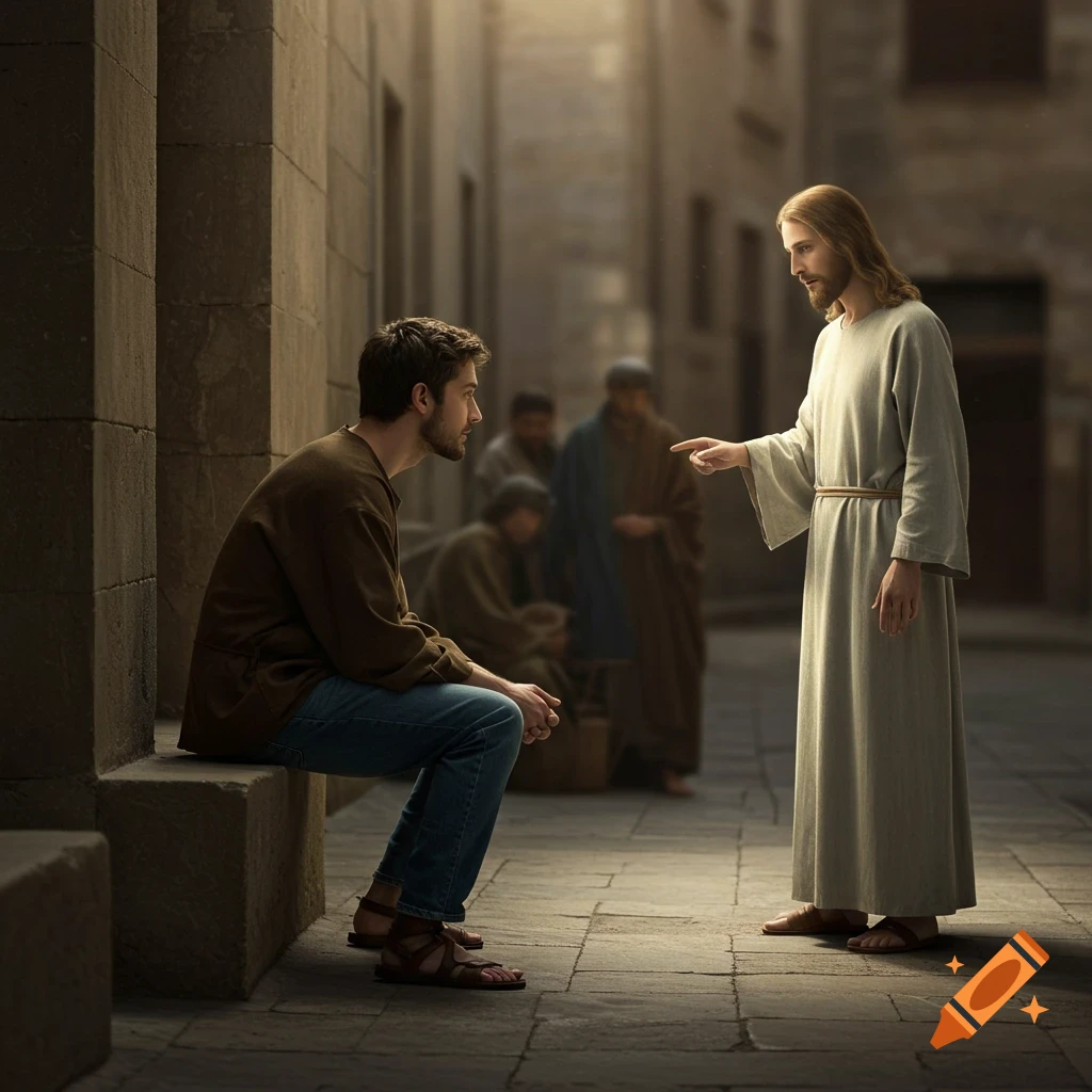A man sits on a stone block in a street, looking up at a figure resembling Jesus standing and pointing at him. Others are in the background.