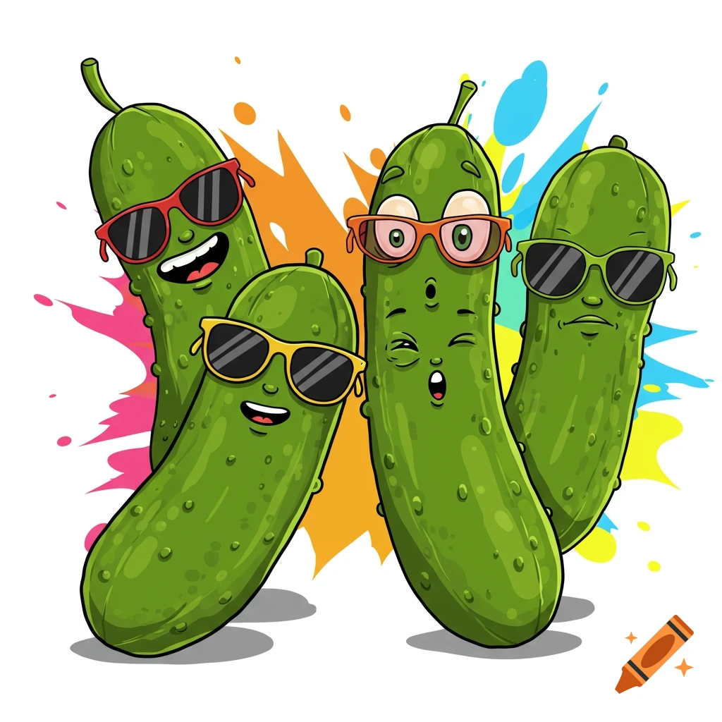 Cartoon of four pickles wearing sunglasses making silly faces