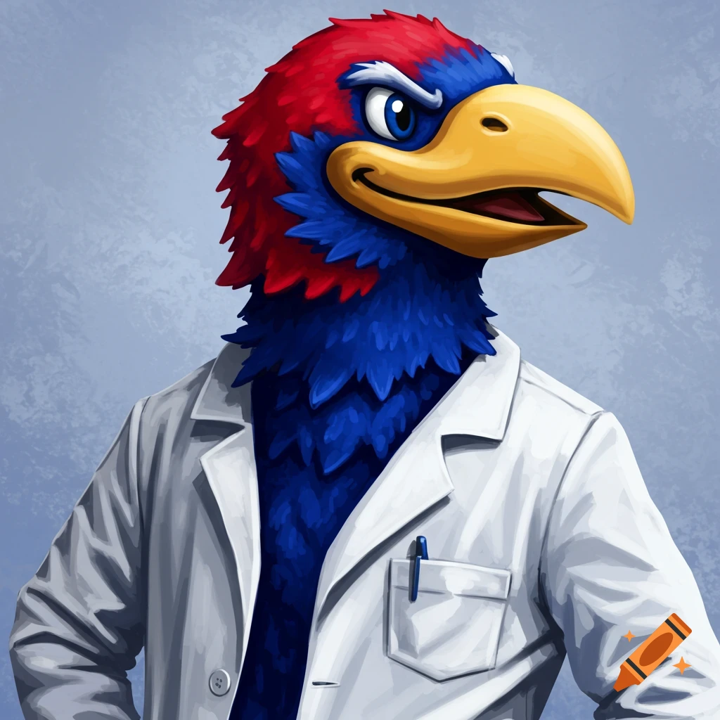 Cartoon bird mascot in a lab coat